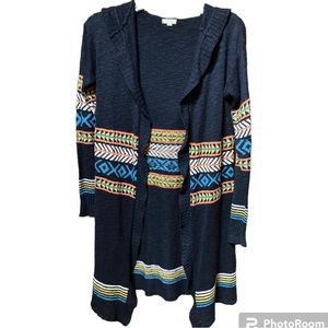 Eyeshadow Navy Long Open Front Boho Style Hooded Cardigan.‎ Size Junior’s Medium